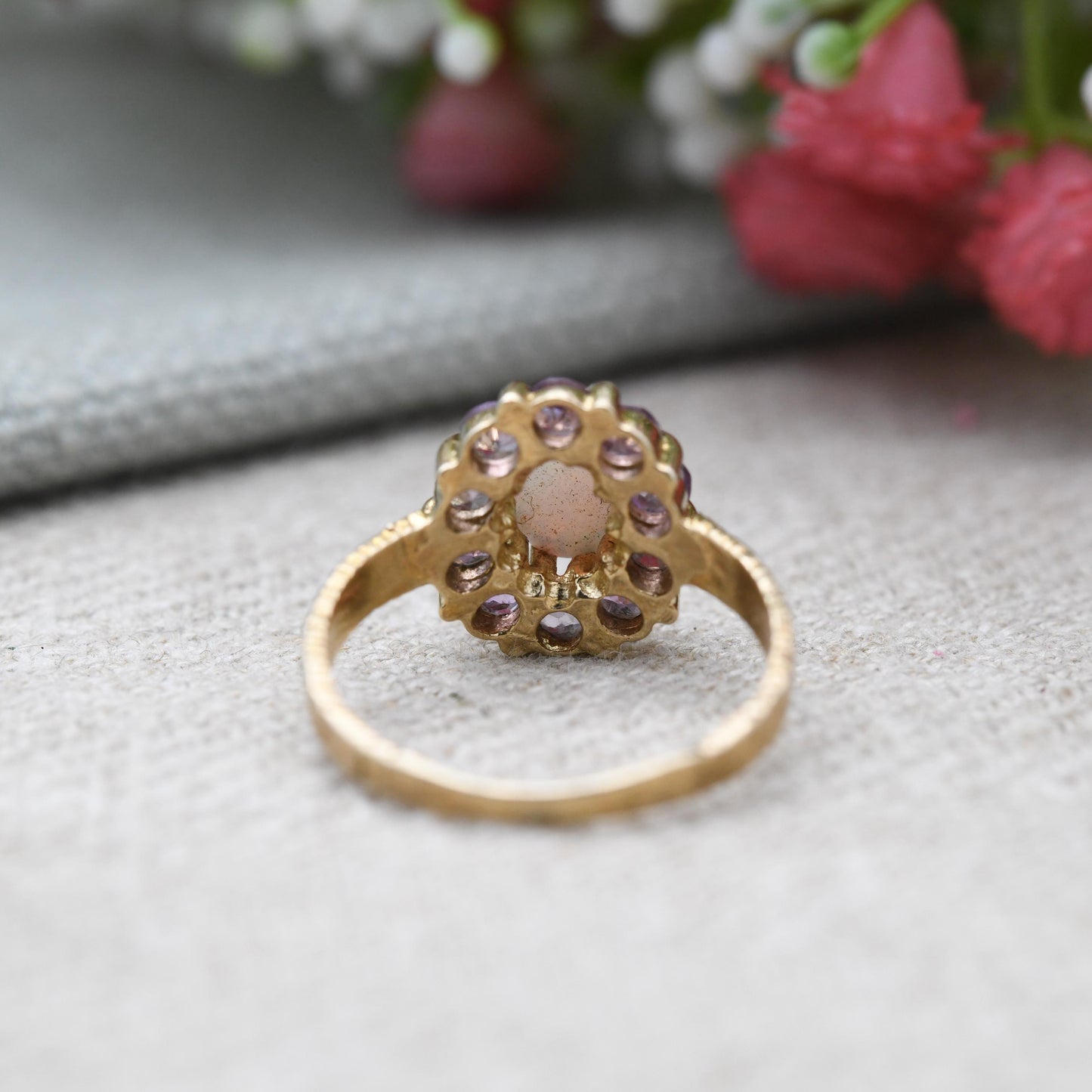 Vintage 9ct Gold Opal Amethyst Floral Cluster Ring 1975 - Pretty Mid-Century Flower Ring with Purple Halo | UK Size - K 1/2 | US Size 5 3/4
