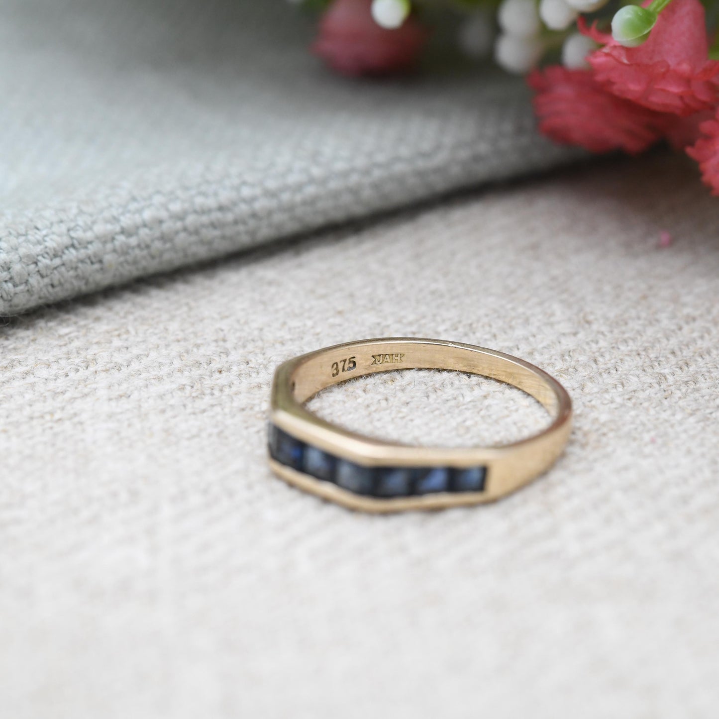 Vintage 9ct Gold Sapphire Half Eternity Ring 1989 - Nine Stone Gemstone | UK Size - M | US Size - 6 1/2