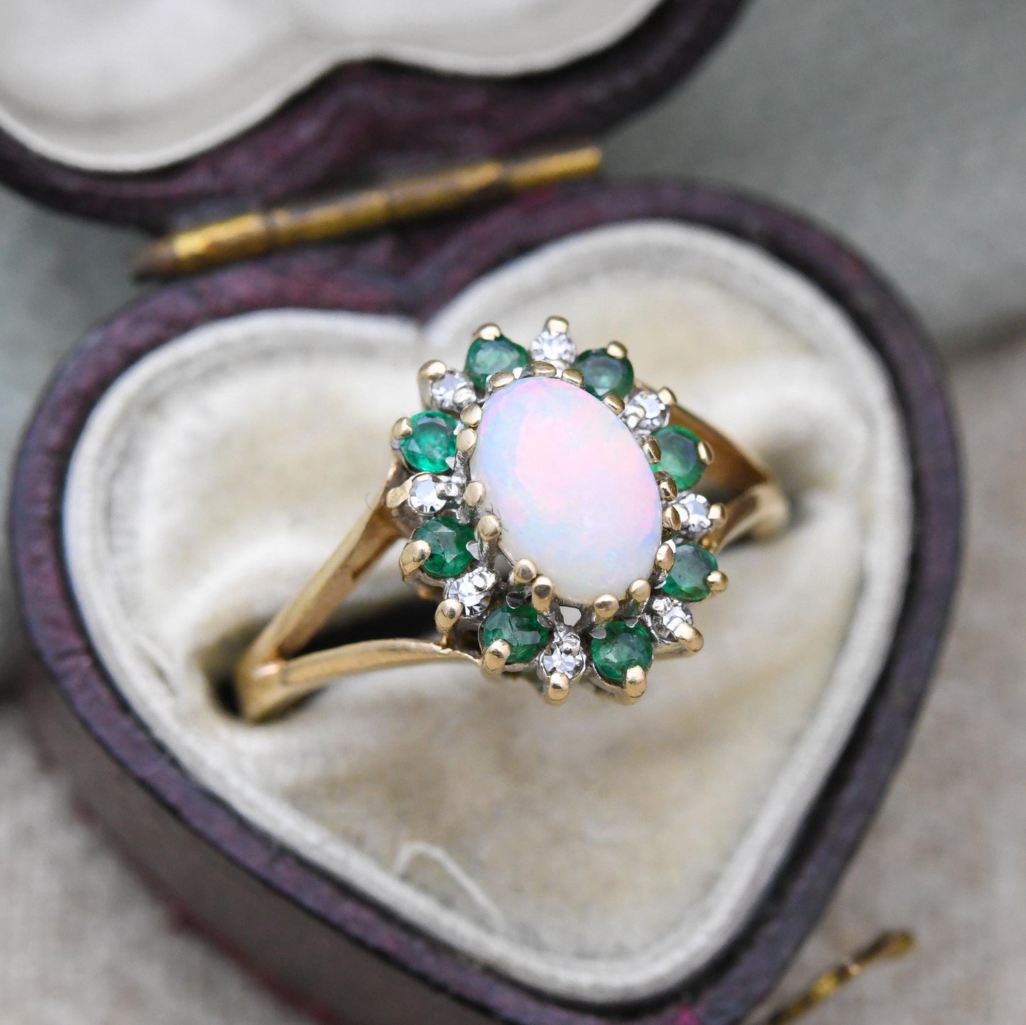 Vintage 9ct Gold Opal Emerald Diamond Halo Ring 1988 - 1980s Edwardian Style | White and Green Gemstone Gift | UK Size - J | US Size - 5