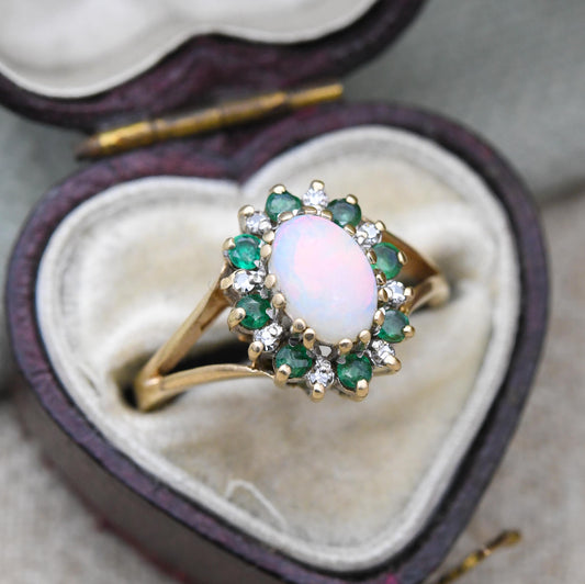 Vintage 9ct Gold Opal Emerald Diamond Halo Ring 1988 - 1980s Edwardian Style | White and Green Gemstone Gift | UK Size - J | US Size - 5