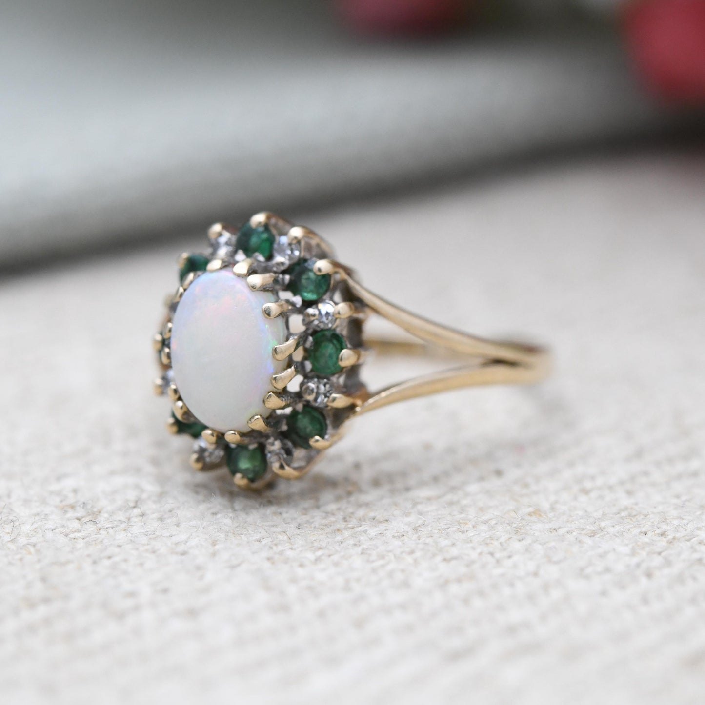 Vintage 9ct Gold Opal Emerald Diamond Halo Ring 1988 - 1980s Edwardian Style | White and Green Gemstone Gift | UK Size - J | US Size - 5