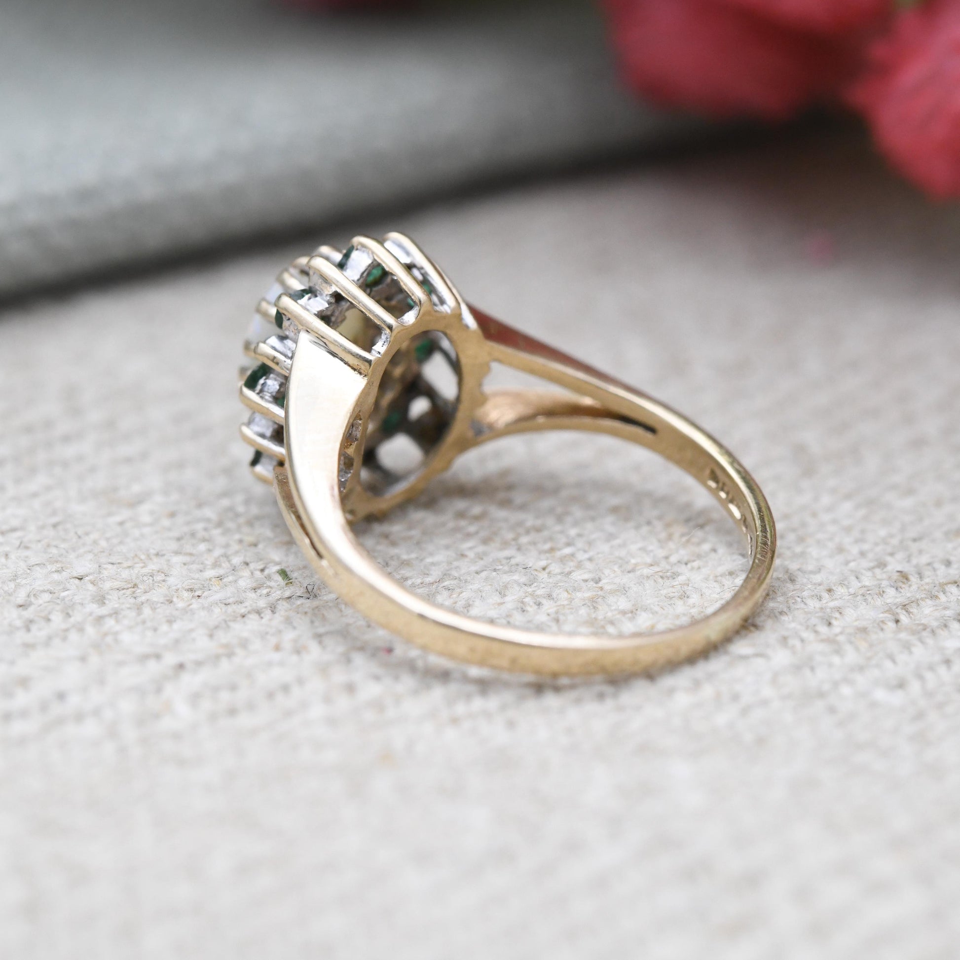 Vintage 9ct Gold Opal Emerald Diamond Halo Ring 1988 - 1980s Edwardian Style | White and Green Gemstone Gift | UK Size - J | US Size - 5