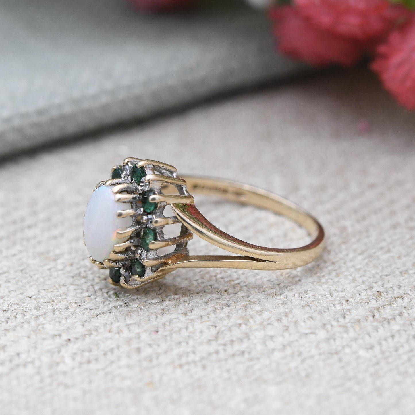Vintage 9ct Gold Opal Emerald Diamond Halo Ring 1988 - 1980s Edwardian Style | White and Green Gemstone Gift | UK Size - J | US Size - 5