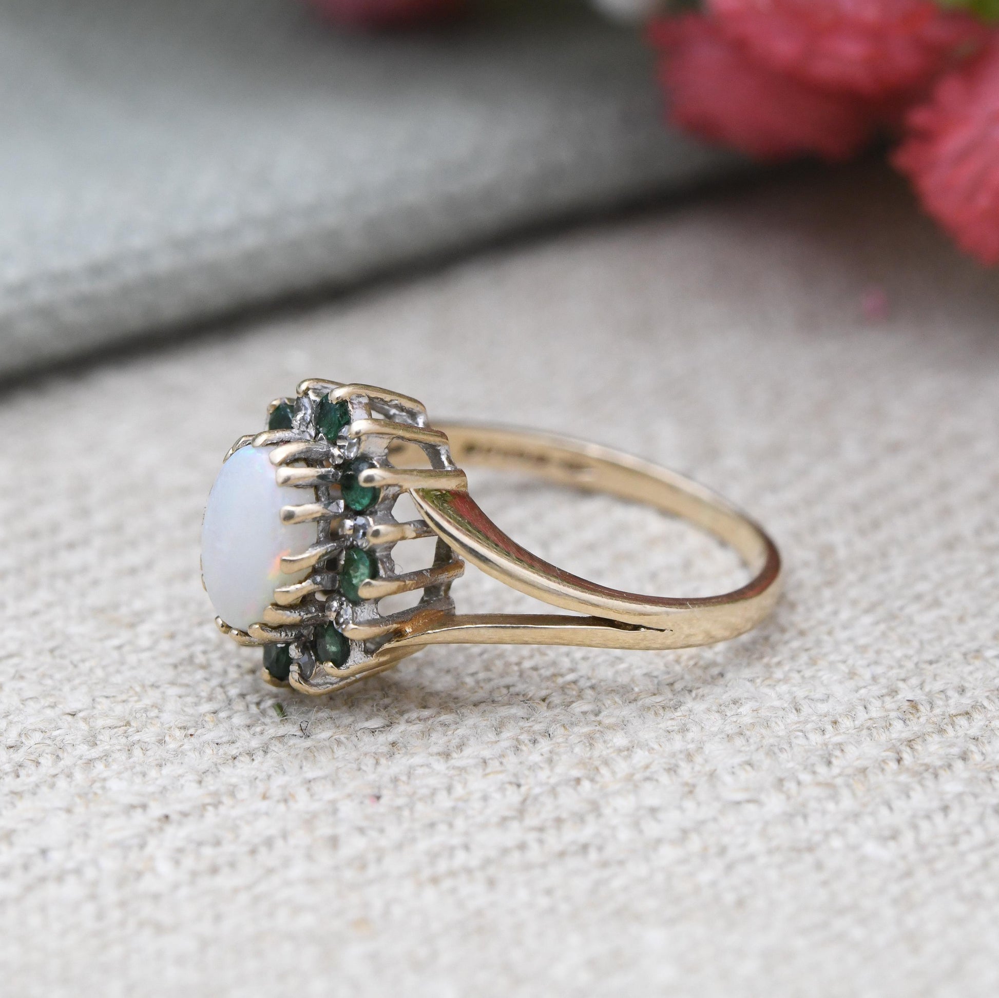 Vintage 9ct Gold Opal Emerald Diamond Halo Ring 1988 - 1980s Edwardian Style | White and Green Gemstone Gift | UK Size - J | US Size - 5