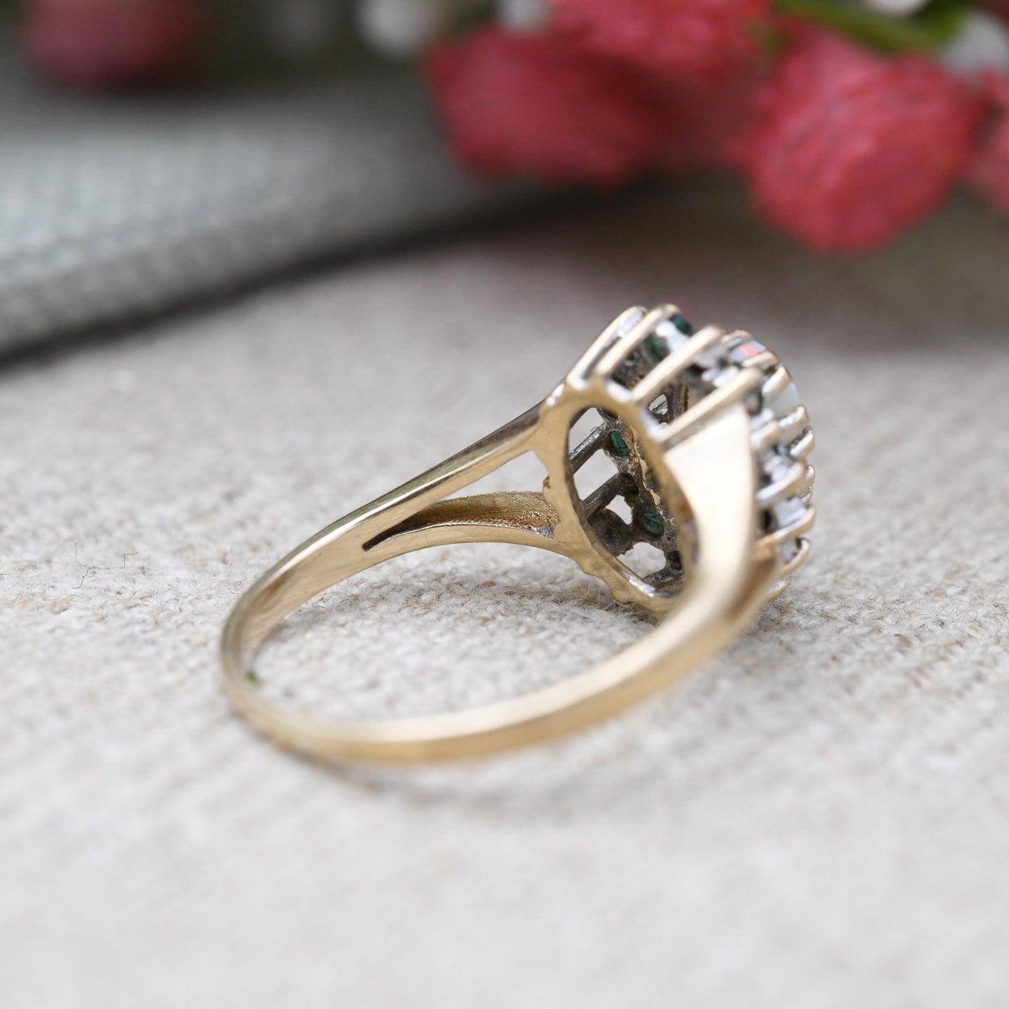 Vintage 9ct Gold Opal Emerald Diamond Halo Ring 1988 - 1980s Edwardian Style | White and Green Gemstone Gift | UK Size - J | US Size - 5
