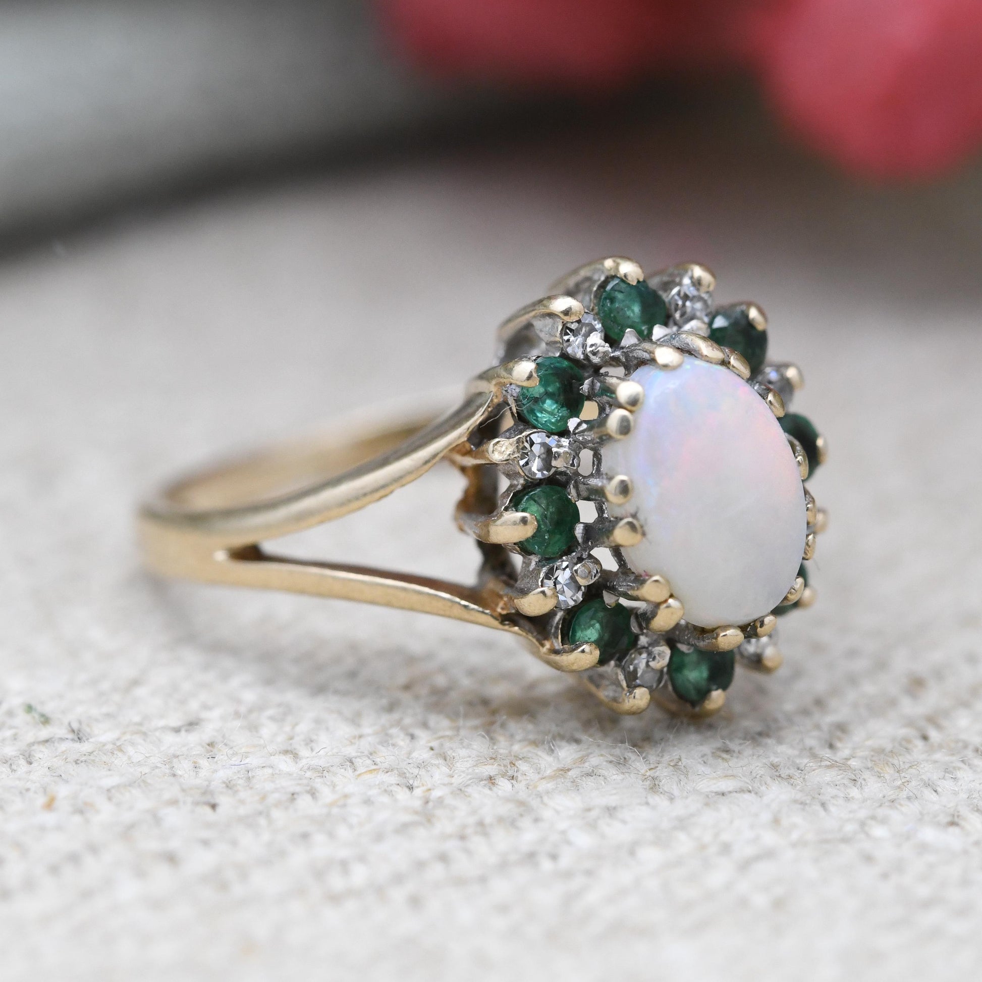Vintage 9ct Gold Opal Emerald Diamond Halo Ring 1988 - 1980s Edwardian Style | White and Green Gemstone Gift | UK Size - J | US Size - 5