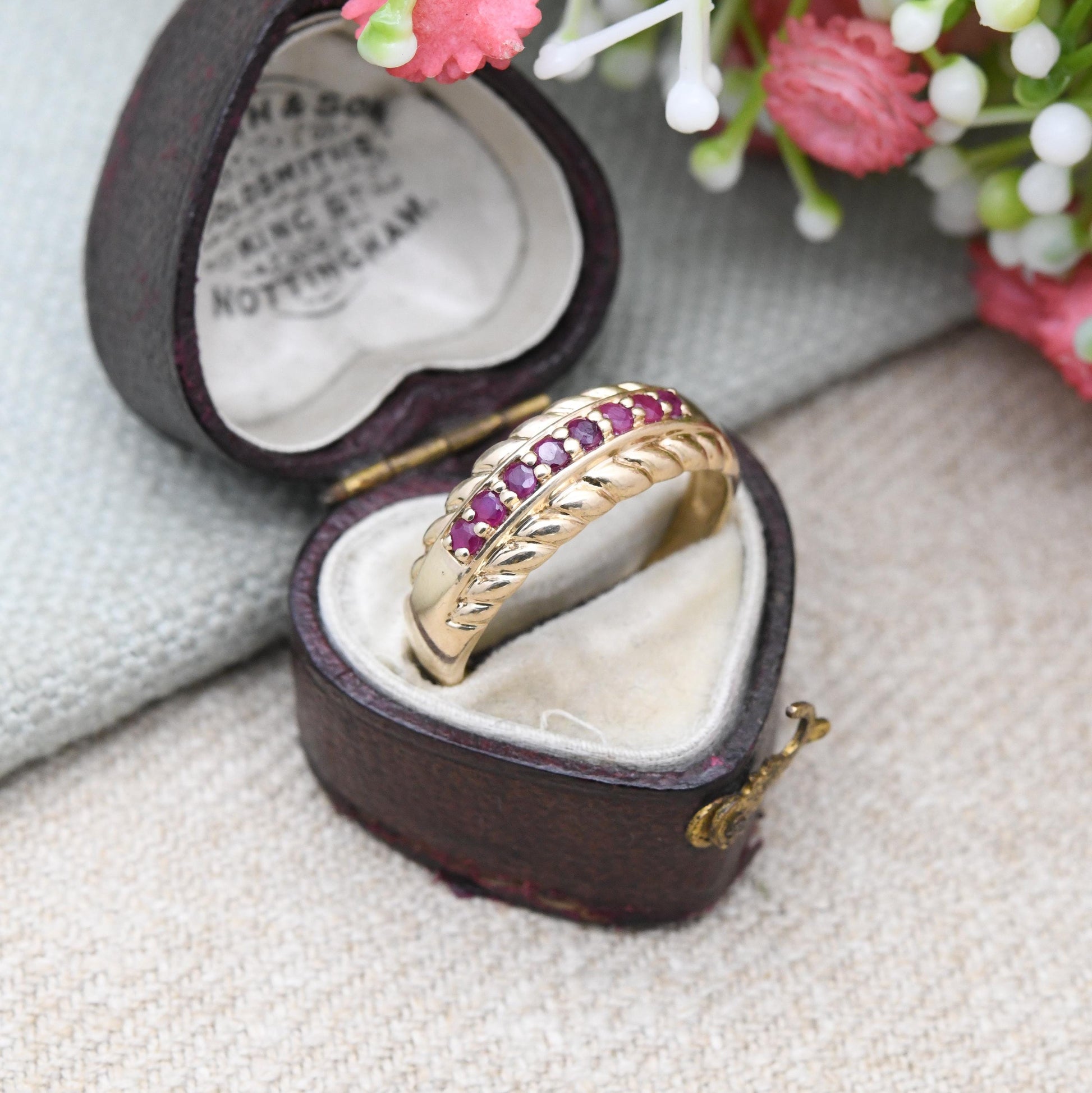 Vintage 9ct Gold Ruby Half Eternity Ring 1990's - Beautiful Flush Set Channel Ruby Ring | Rope Twist Design | UK Size - R | US Size - 8 3/4