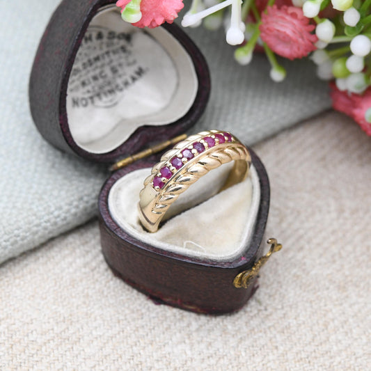 Vintage 9ct Gold Ruby Half Eternity Ring 1990's - Beautiful Flush Set Channel Ruby Ring | Rope Twist Design | UK Size - R | US Size - 8 3/4