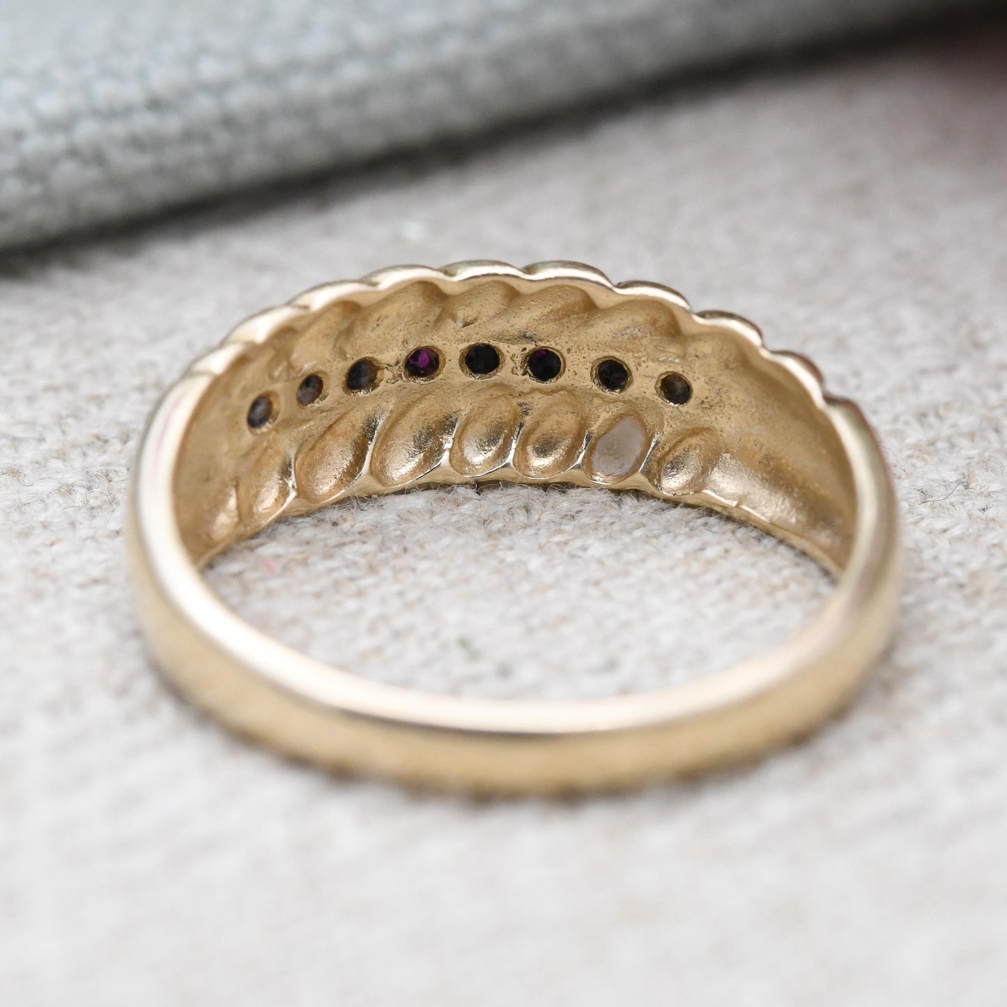 Vintage 9ct Gold Ruby Half Eternity Ring 1990's - Beautiful Flush Set Channel Ruby Ring | Rope Twist Design | UK Size - R | US Size - 8 3/4