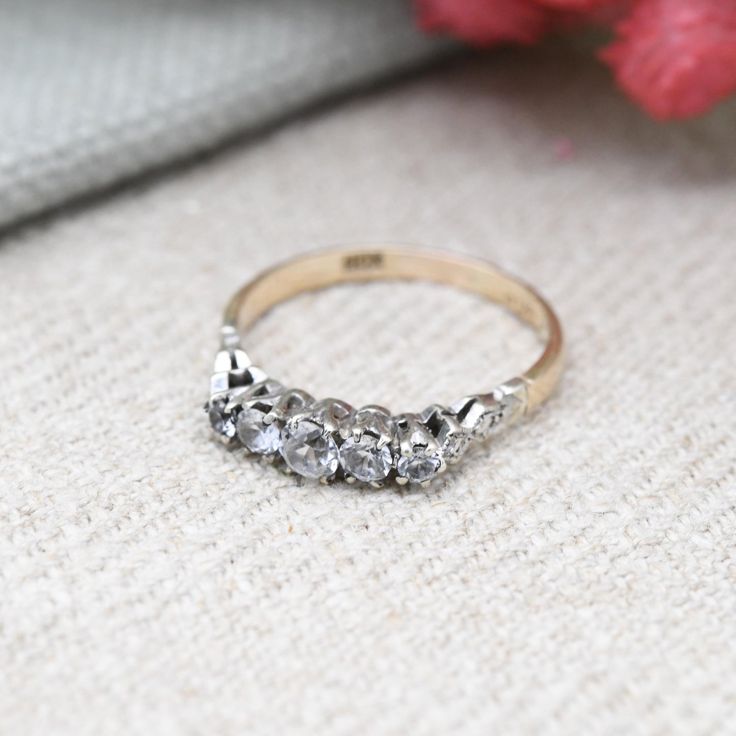 Antique 9ct White Gold Five Stone Ring - Edwardian Graduated 5 Stone Engagement Wedding Stacking Ring | UK Size O 1/2 | US Size 7 1/2