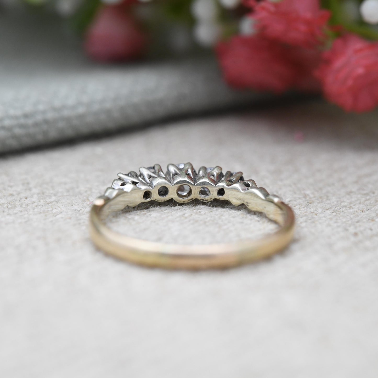 Antique 9ct White Gold Five Stone Ring - Edwardian Graduated 5 Stone Engagement Wedding Stacking Ring | UK Size O 1/2 | US Size 7 1/2