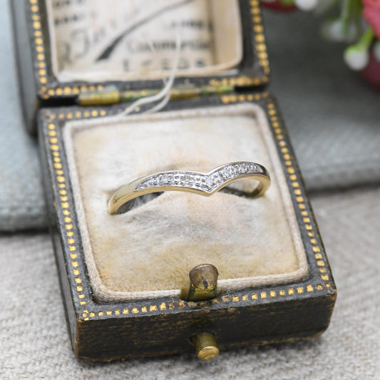9ct Gold and Diamond Delicate Wishbone Ring - Yellow Gold V Shaped Band Ring | UK Size - P | US Size - 7 3/4