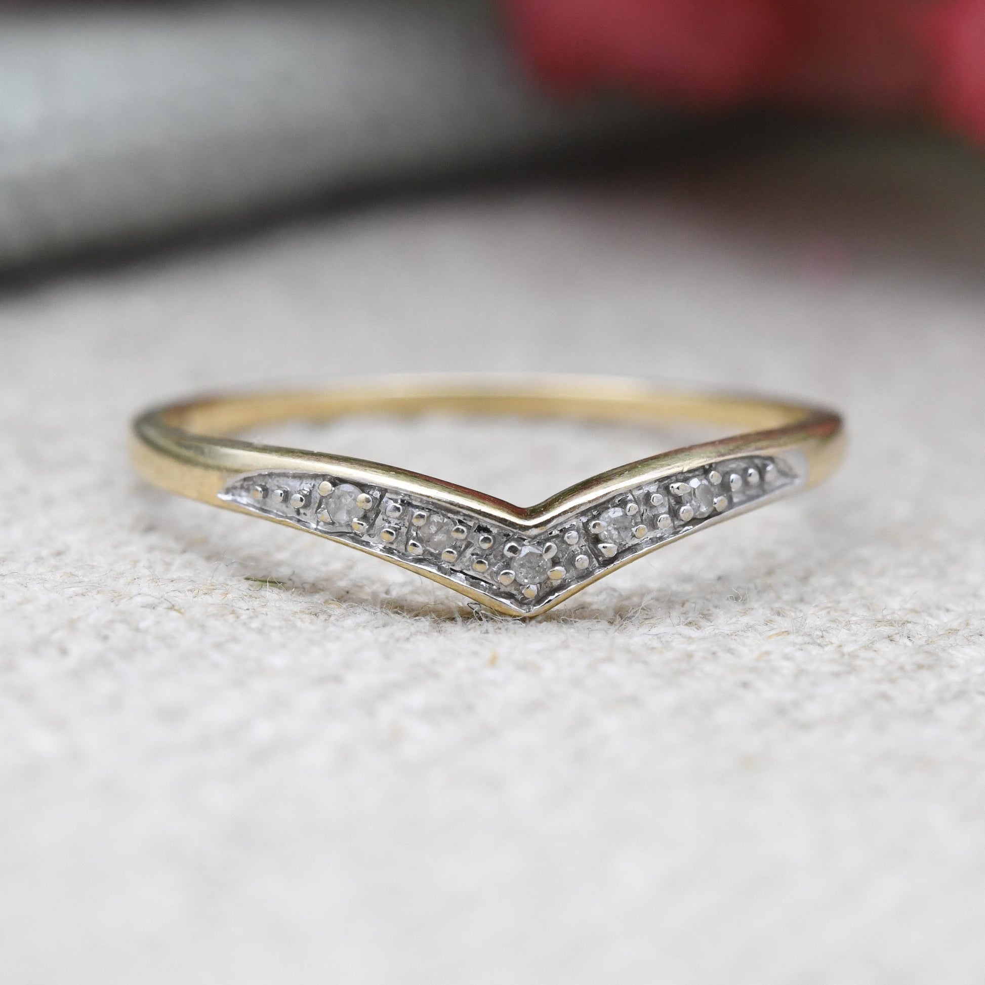9ct Gold and Diamond Delicate Wishbone Ring - Yellow Gold V Shaped Band Ring | UK Size - P | US Size - 7 3/4