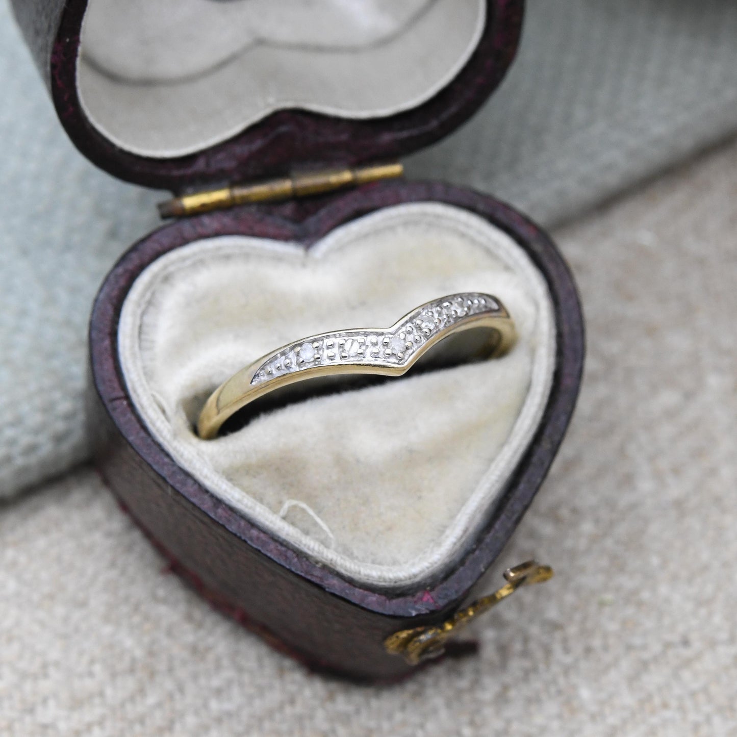 9ct Gold and Diamond Delicate Wishbone Ring - Yellow Gold V Shaped Band Ring | UK Size - P | US Size - 7 3/4