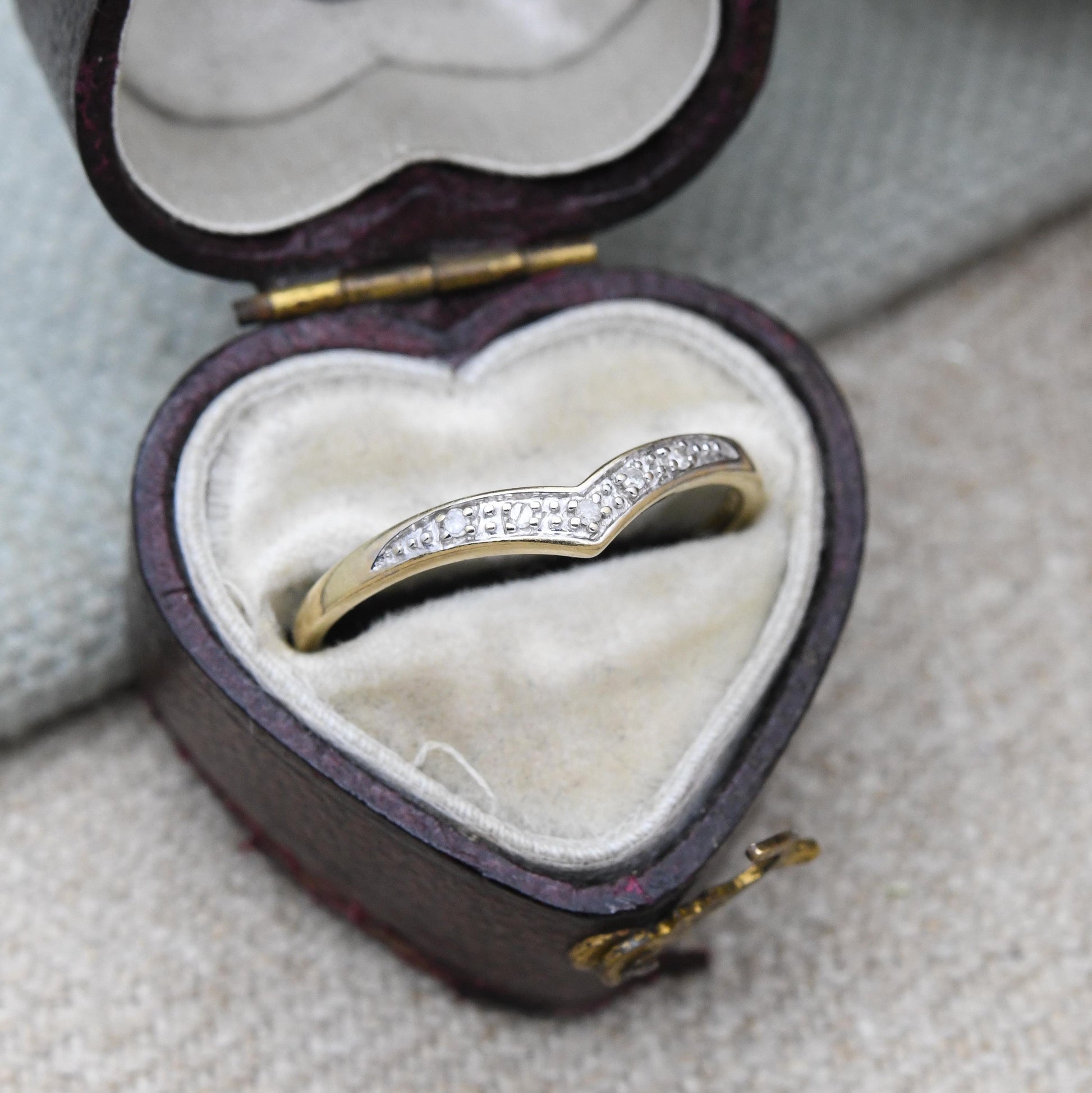 9ct Gold and Diamond Delicate Wishbone Ring - Yellow Gold V Shaped Band Ring | UK Size - P | US Size - 7 3/4