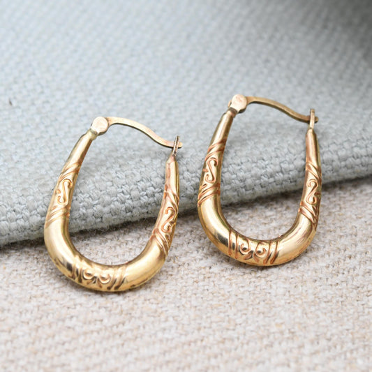 Vintage 9ct Gold Hoop Earrings – Oval Hoops with Swirling Pattern | Hollow Solid Yellow Gold | Gift for Her