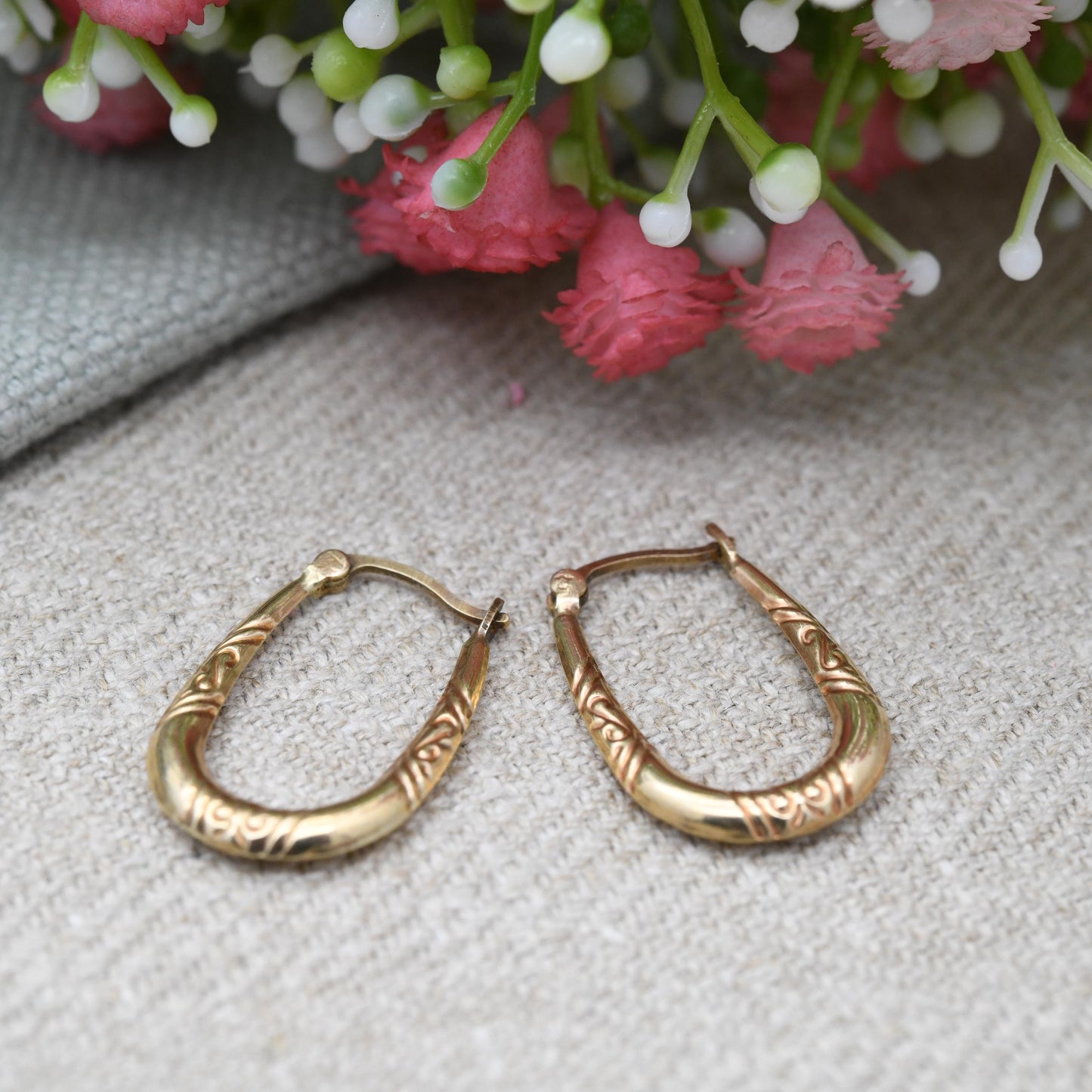 Vintage 9ct Gold Hoop Earrings – Oval Hoops with Swirling Pattern | Hollow Solid Yellow Gold | Gift for Her