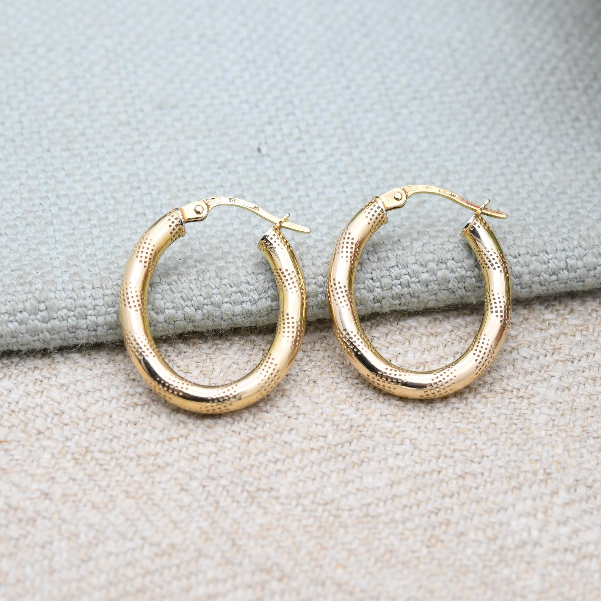 9ct Gold Hoop Earrings - Textured Design | Hollow Hoops | Yellow Gold | Pretty Gold Jewellery Gift for Her