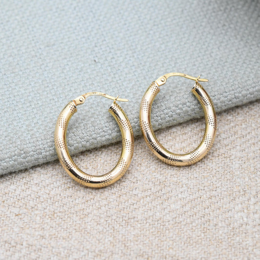 9ct Gold Hoop Earrings - Textured Design | Hollow Hoops | Yellow Gold | Pretty Gold Jewellery Gift for Her