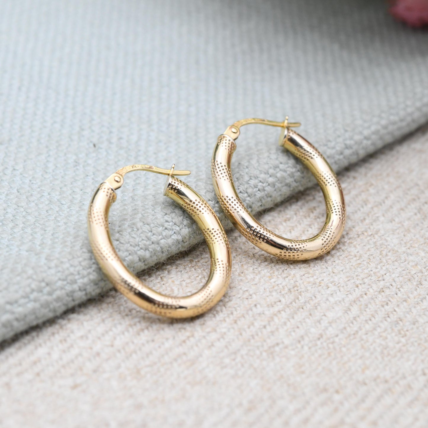 9ct Gold Hoop Earrings - Textured Design | Hollow Hoops | Yellow Gold | Pretty Gold Jewellery Gift for Her