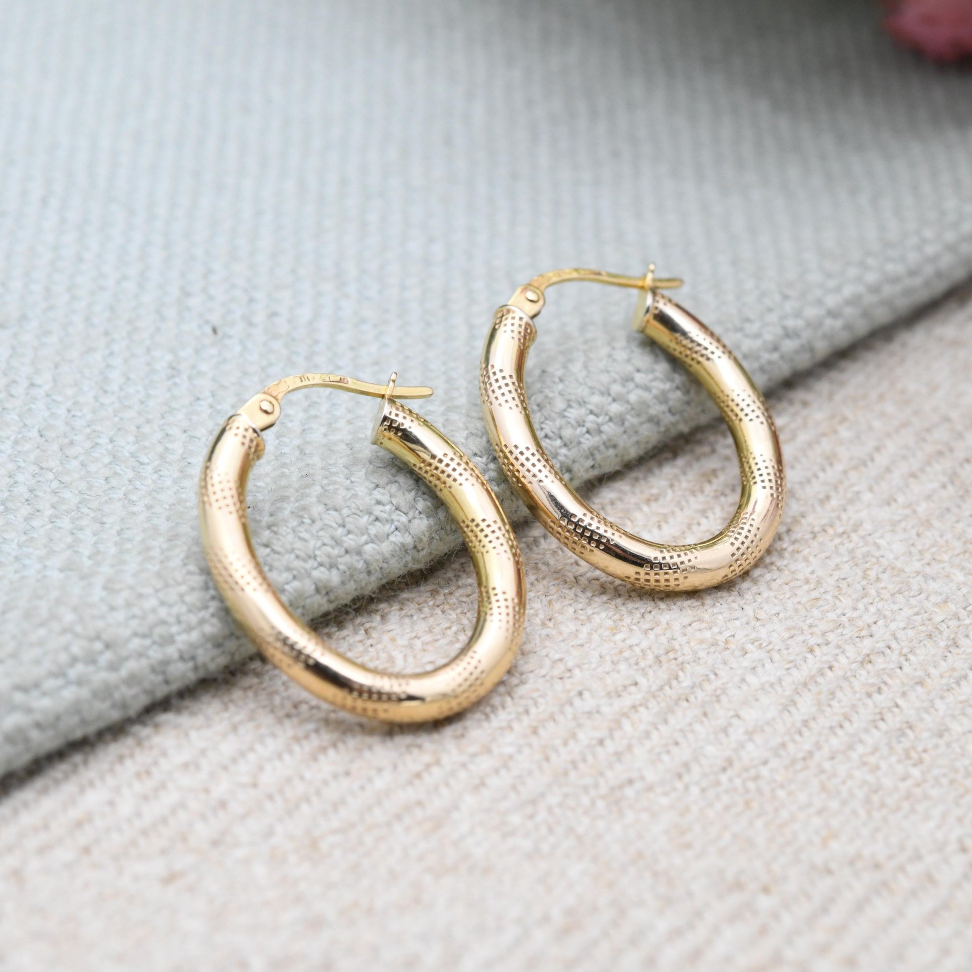 9ct Gold Hoop Earrings - Textured Design | Hollow Hoops | Yellow Gold | Pretty Gold Jewellery Gift for Her