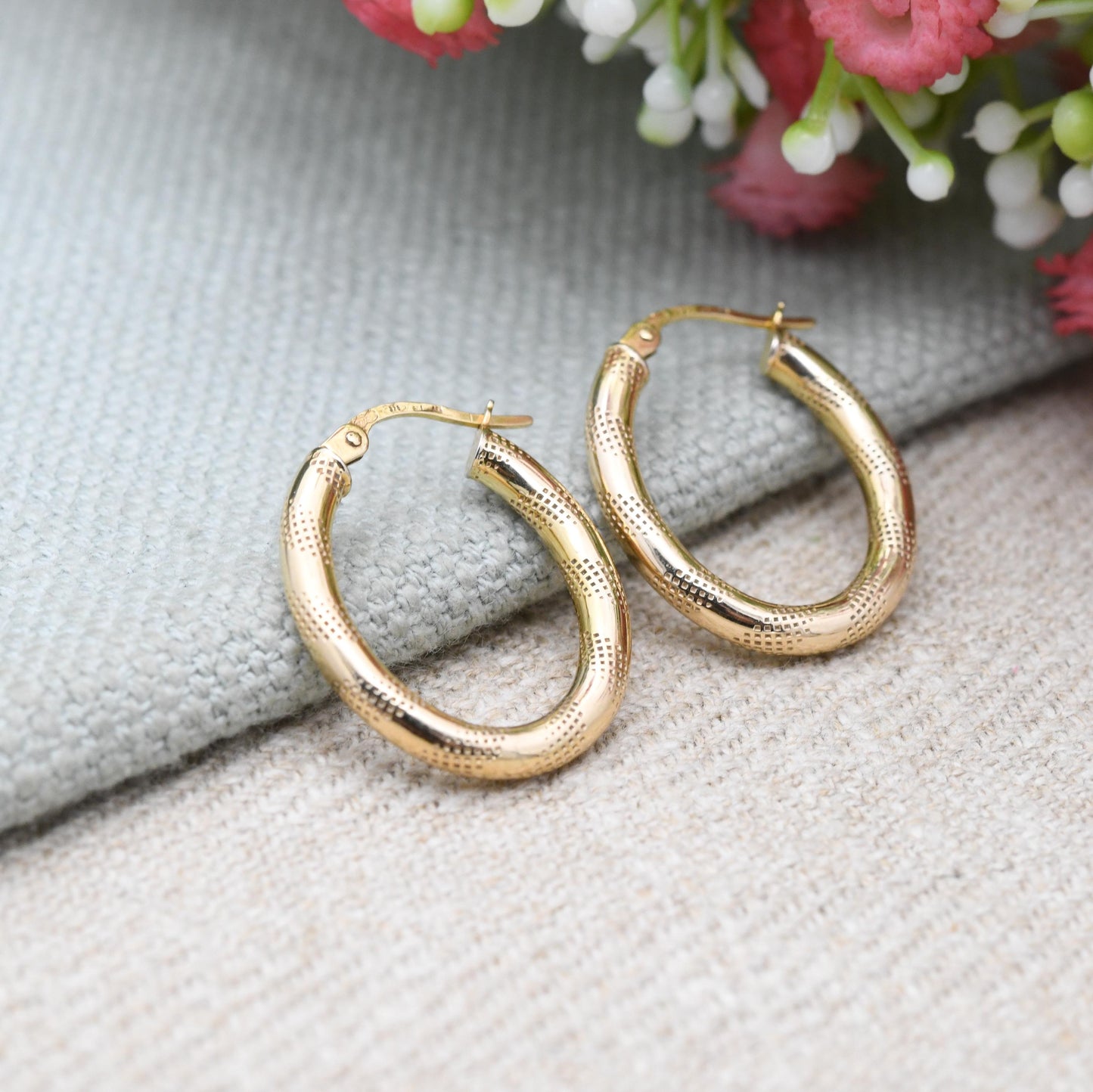 9ct Gold Hoop Earrings - Textured Design | Hollow Hoops | Yellow Gold | Pretty Gold Jewellery Gift for Her