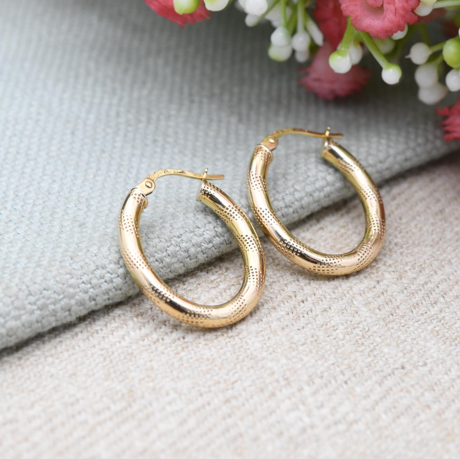 9ct Gold Hoop Earrings - Textured Design | Hollow Hoops | Yellow Gold | Pretty Gold Jewellery Gift for Her
