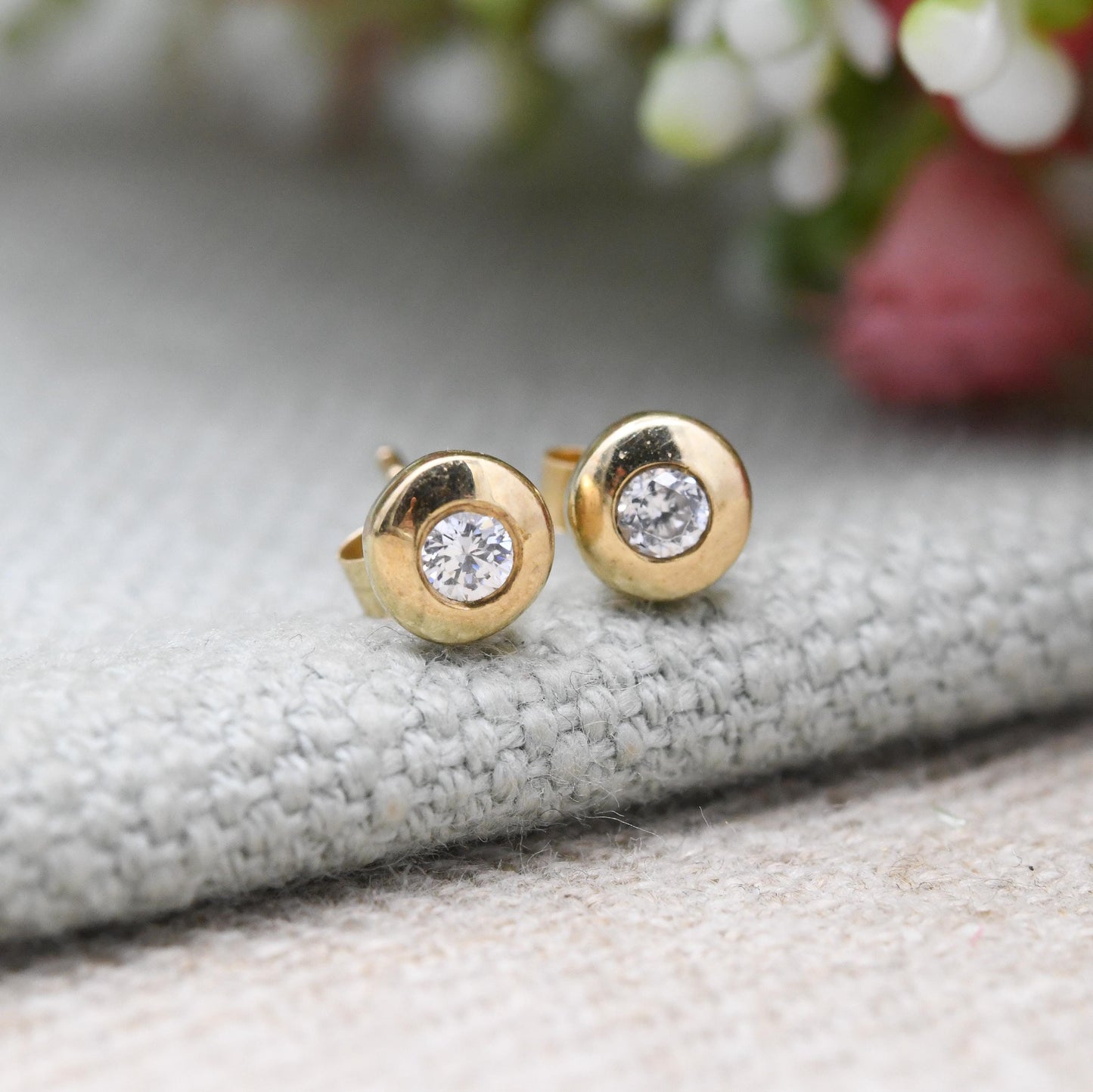 Vintage 9ct Gold CZ Bezel Set Stud Earrings - Sparkly Clear Gemstone | Gold Birthday Gift | Butterfly Back | Everyday Stud Earrings