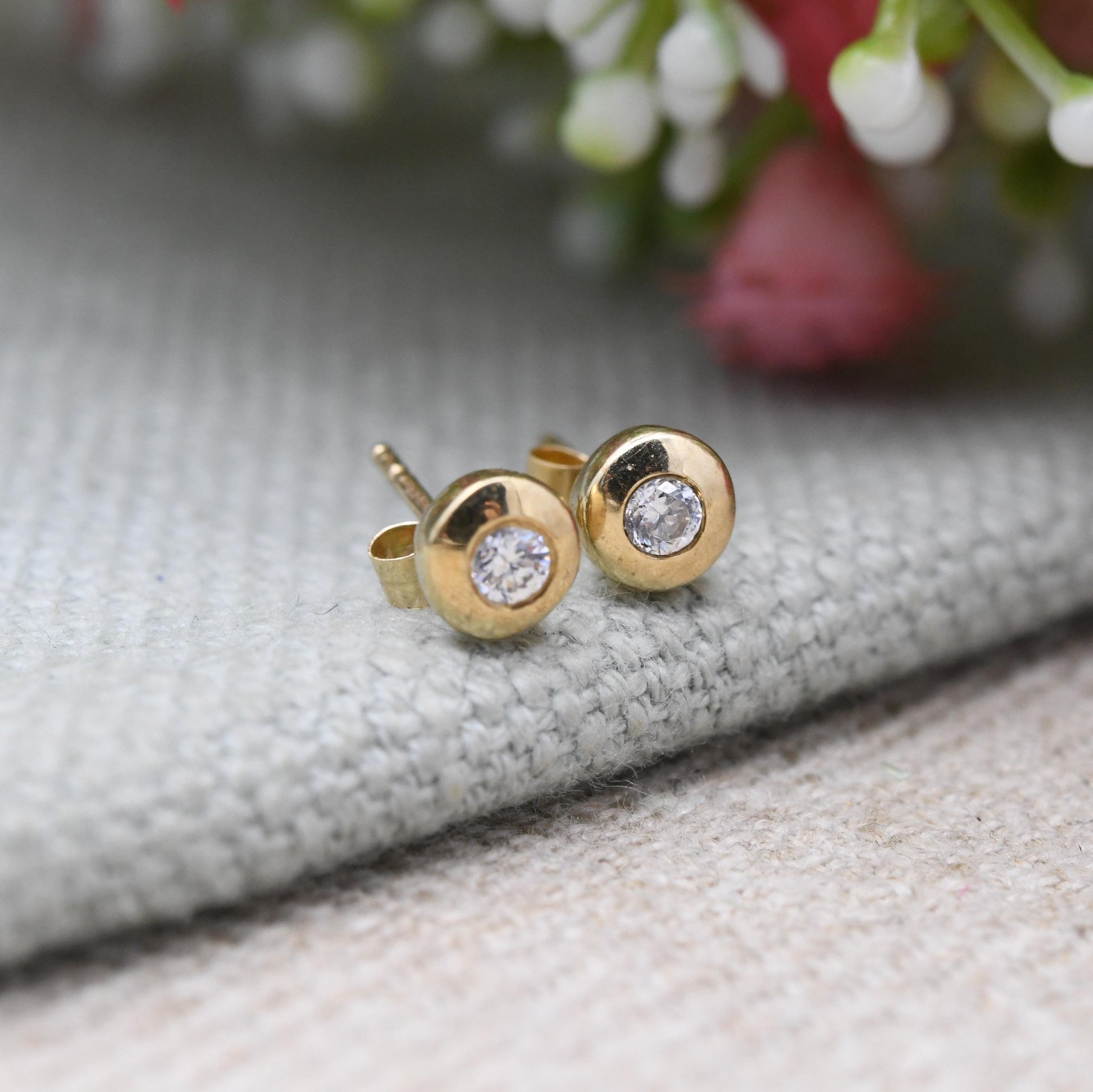 Vintage 9ct Gold CZ Bezel Set Stud Earrings - Sparkly Clear Gemstone | Gold Birthday Gift | Butterfly Back | Everyday Stud Earrings