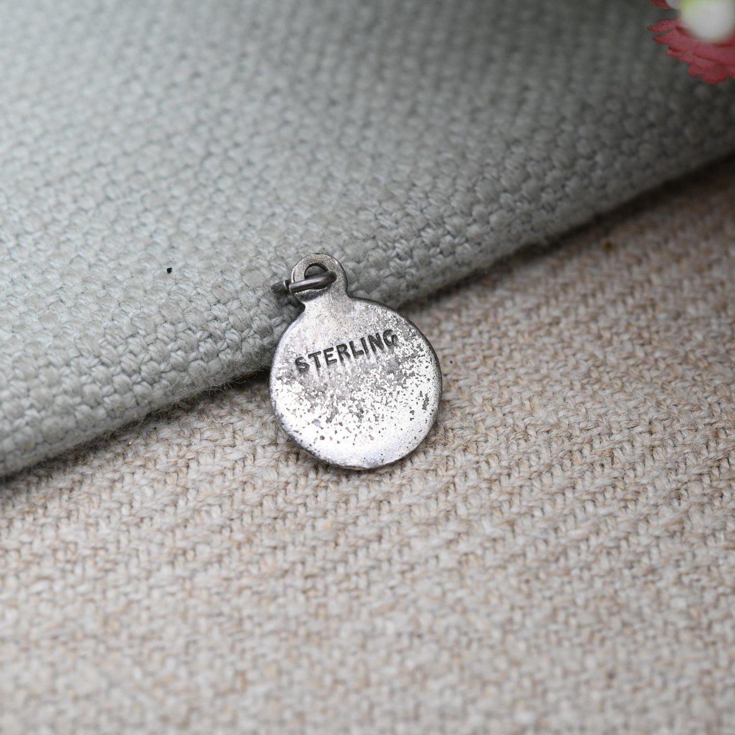 Vintage Sterling Silver Guilloche Enamel Blue Flower Charm Pendant c. 1950s