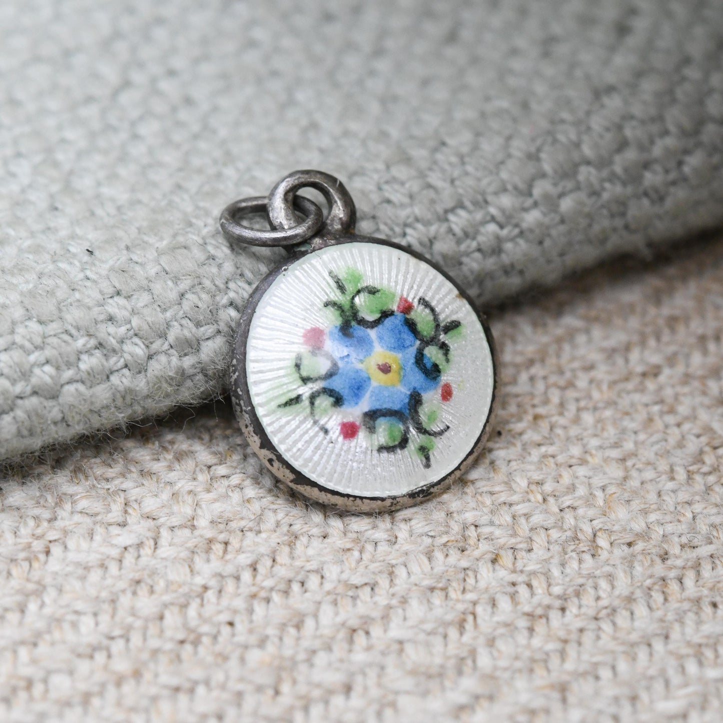 Vintage Sterling Silver Guilloche Enamel Blue Flower Charm Pendant c. 1950s