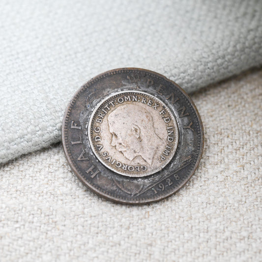 Antique George V Coin Love Token Lucky Charm - Silver Threepence and Copper Half Penny 1928
