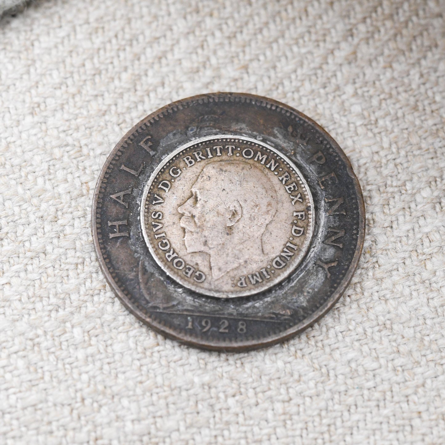 Antique George V Coin Love Token Lucky Charm - Silver Threepence and Copper Half Penny 1928