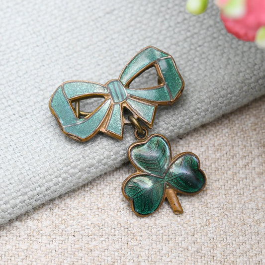 Vintage Enamel Bow and Clover Brooch by Mingware Birmingham c. 1940s
