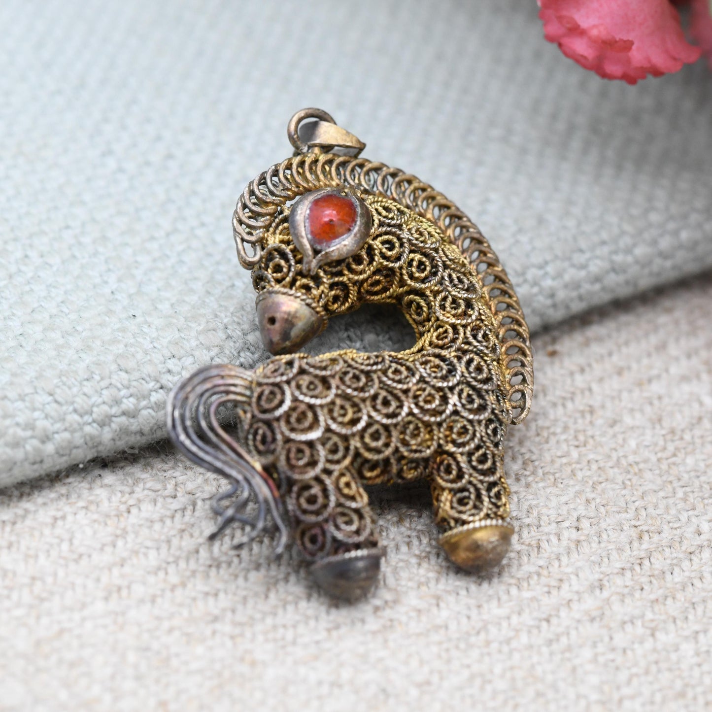 Vintage Chinese Export Silver Gilt Filigree Horse Pendant with Red Enamel Eyes