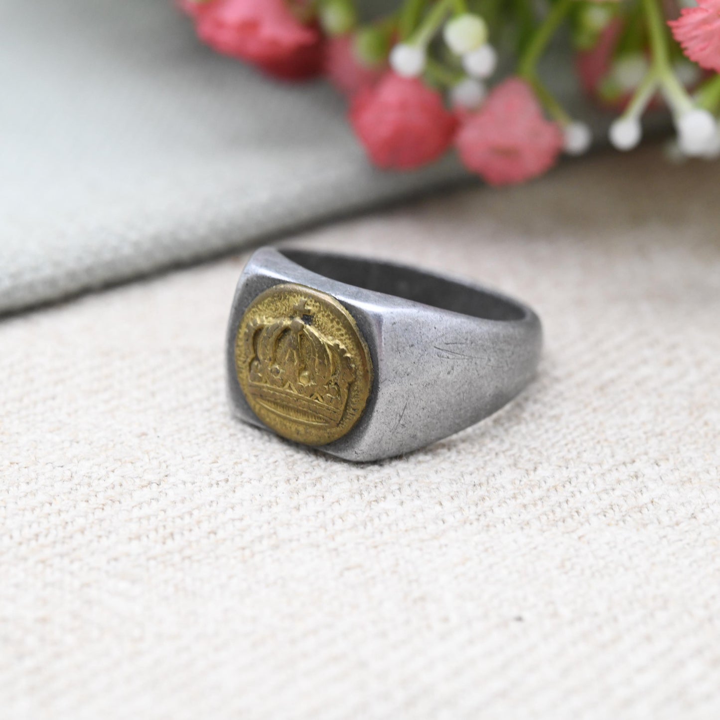 Antique WWI German Trench Art Signet Ring Aluminium Band with Brass Prussian Crown Button c. 1910s - UK Size X US Size 11 3/4