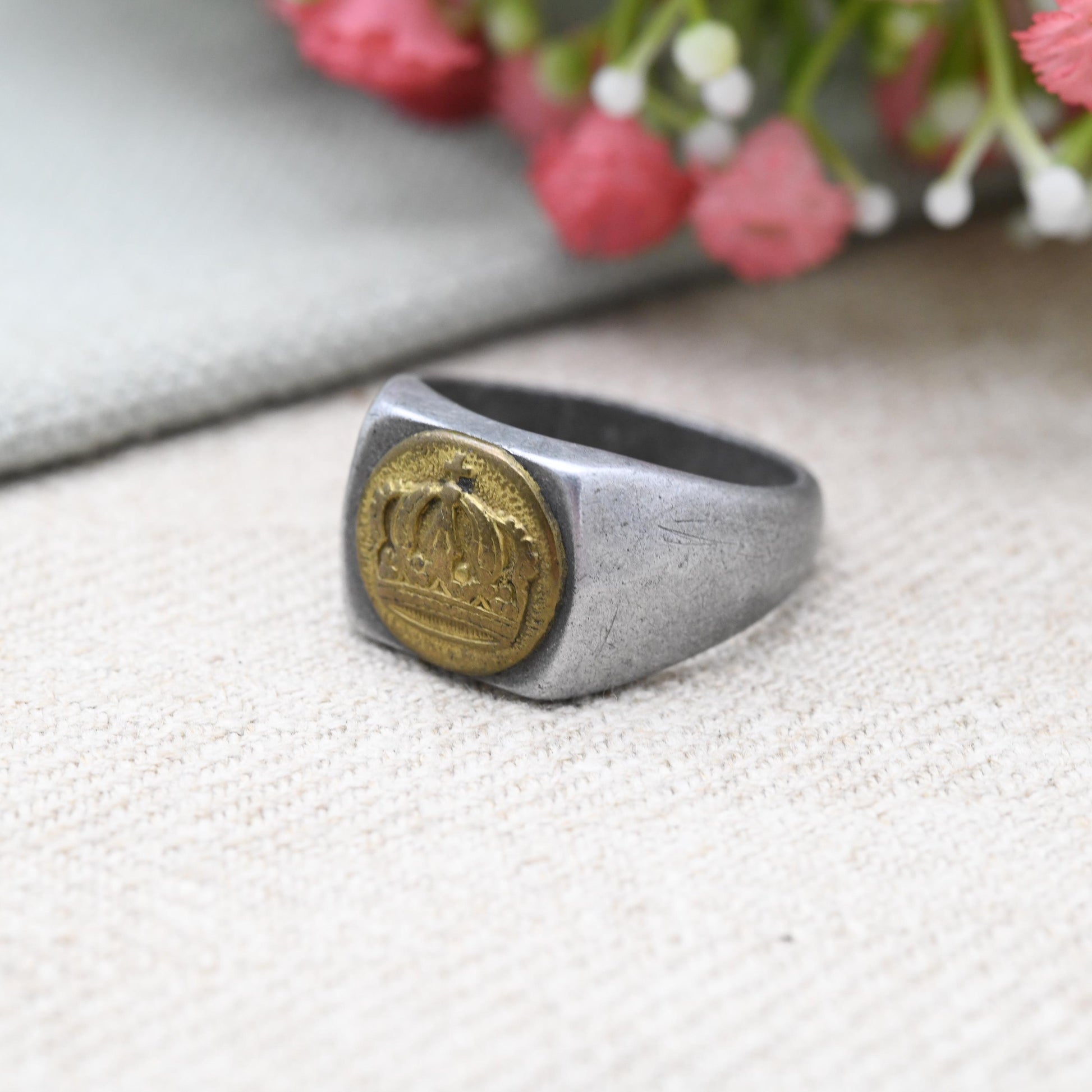 Antique WWI German Trench Art Signet Ring Aluminium Band with Brass Prussian Crown Button c. 1910s - UK Size X US Size 11 3/4
