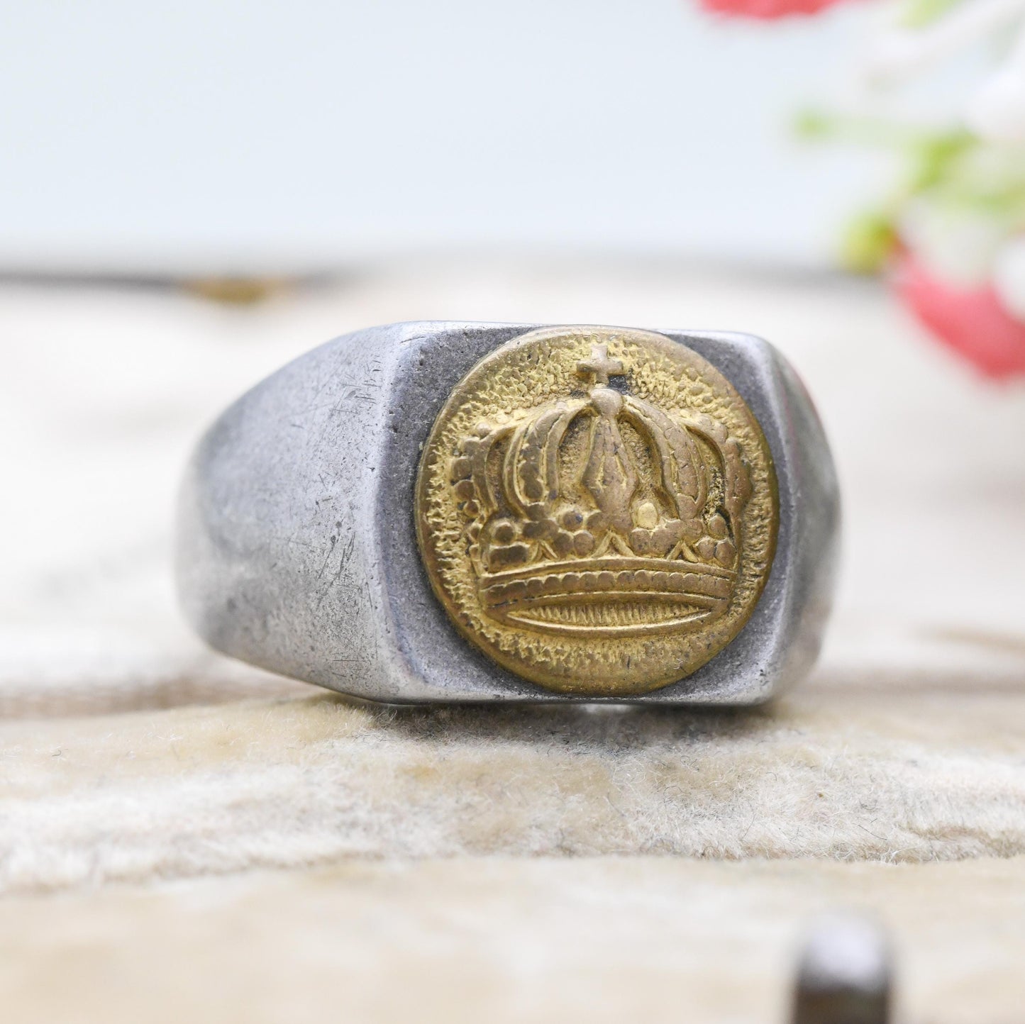 Antique WWI German Trench Art Signet Ring Aluminium Band with Brass Prussian Crown Button c. 1910s - UK Size X US Size 11 3/4