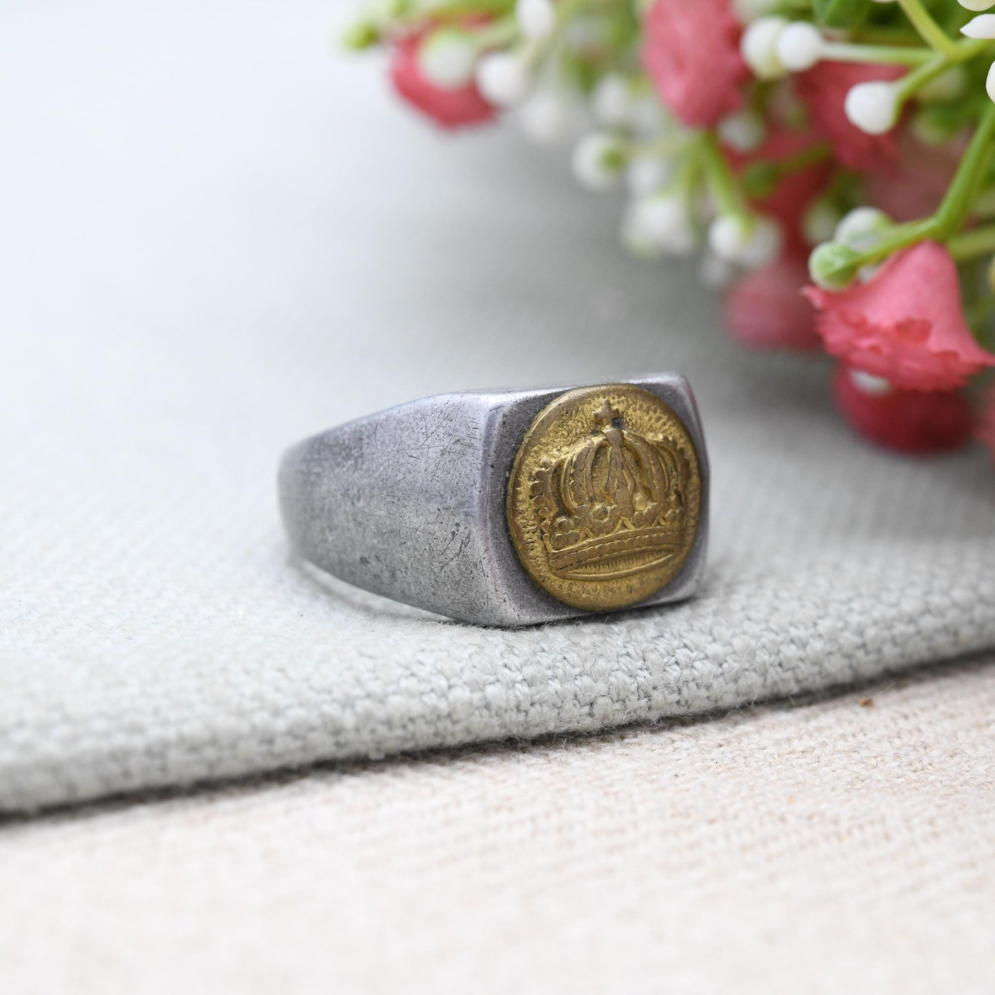Antique WWI German Trench Art Signet Ring Aluminium Band with Brass Prussian Crown Button c. 1910s - UK Size X US Size 11 3/4