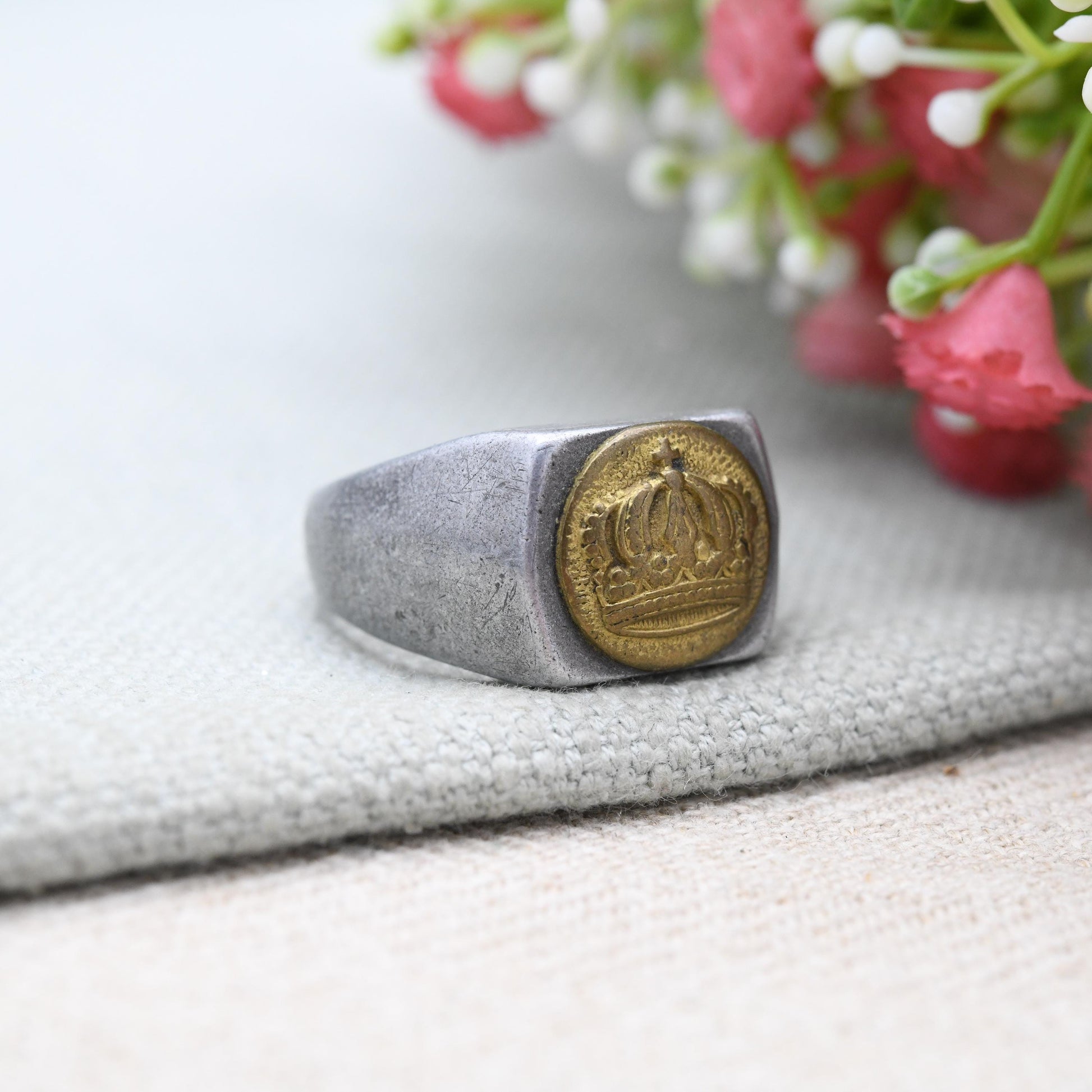 Antique WWI German Trench Art Signet Ring Aluminium Band with Brass Prussian Crown Button c. 1910s - UK Size X US Size 11 3/4