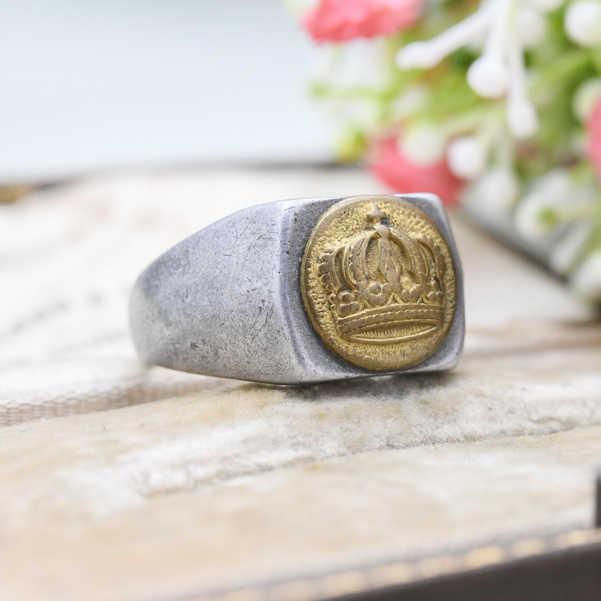 Antique WWI German Trench Art Signet Ring Aluminium Band with Brass Prussian Crown Button c. 1910s - UK Size X US Size 11 3/4