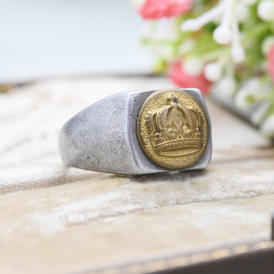 Antique WWI German Trench Art Signet Ring Aluminium Band with Brass Prussian Crown Button c. 1910s - UK Size X US Size 11 3/4