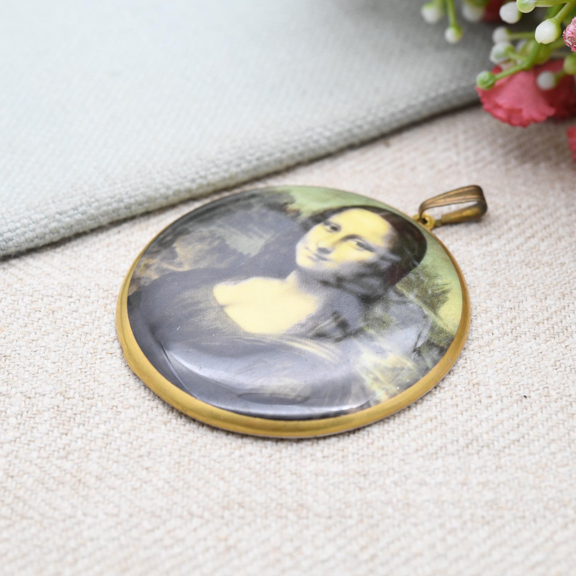 Vintage Mona Lisa Pendant by Crown Staffordshire for Louvre Museum Paris - Large Fine Bone China Necklace