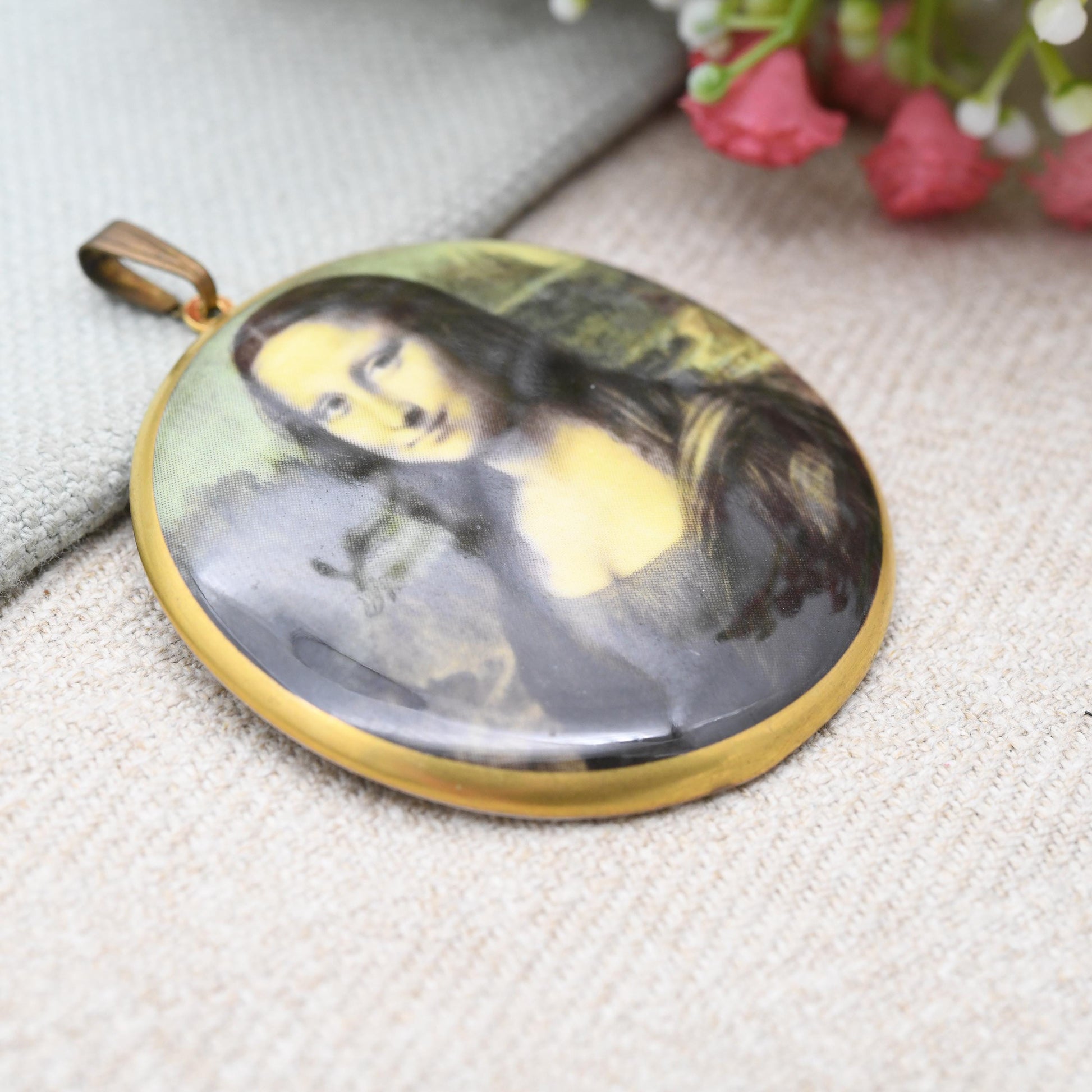 Vintage Mona Lisa Pendant by Crown Staffordshire for Louvre Museum Paris - Large Fine Bone China Necklace