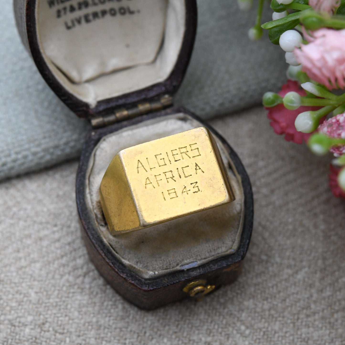 Antique WWII Trench Art Signet Ring Algiers Africa 1943 Military Souvenir - UK Size T 1/2 | US Size 10