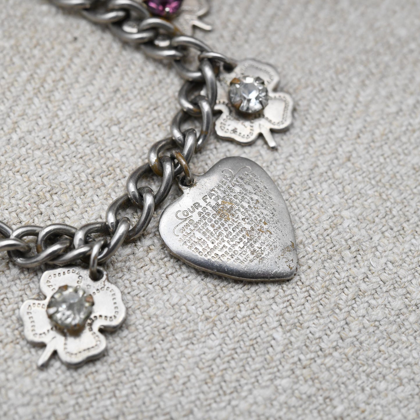Vintage Lord's Prayer Heart and Four Leaf Clover Child Charm Bracelet c. 1950s - True Vintage Good Luck Jewellery