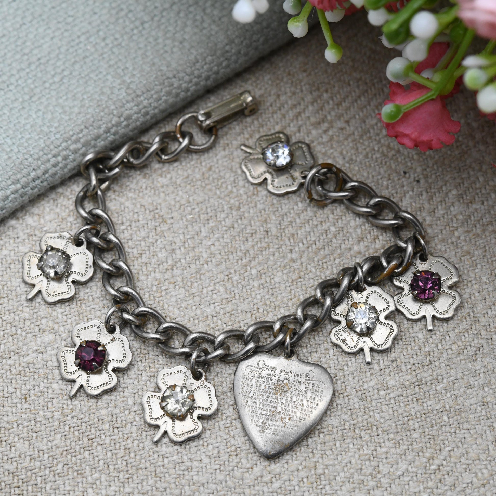 Vintage Lord's Prayer Heart and Four Leaf Clover Child Charm Bracelet c. 1950s - True Vintage Good Luck Jewellery