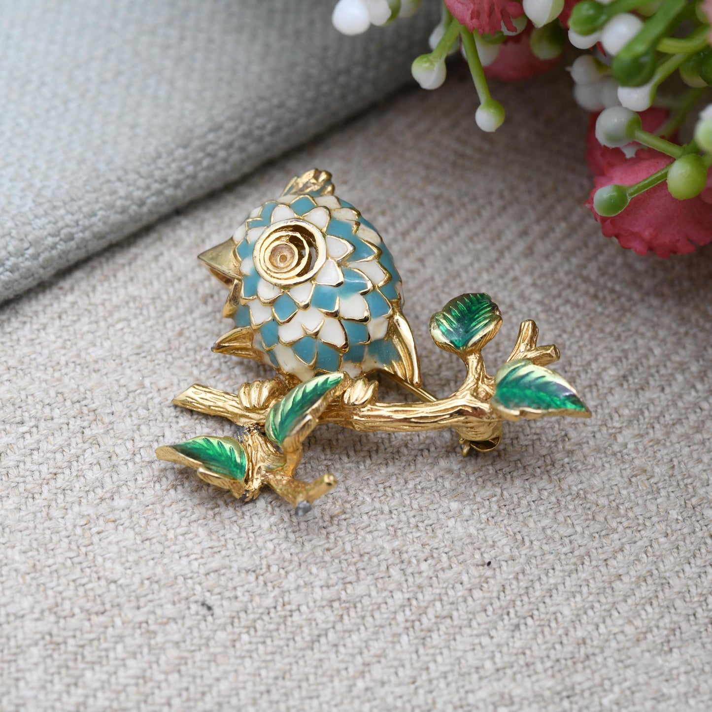 Vintage Ciner Enamel Songbird on a Branch Brooch c. 1980s - Colourful Singing Bird | Signed Designer Jewellery