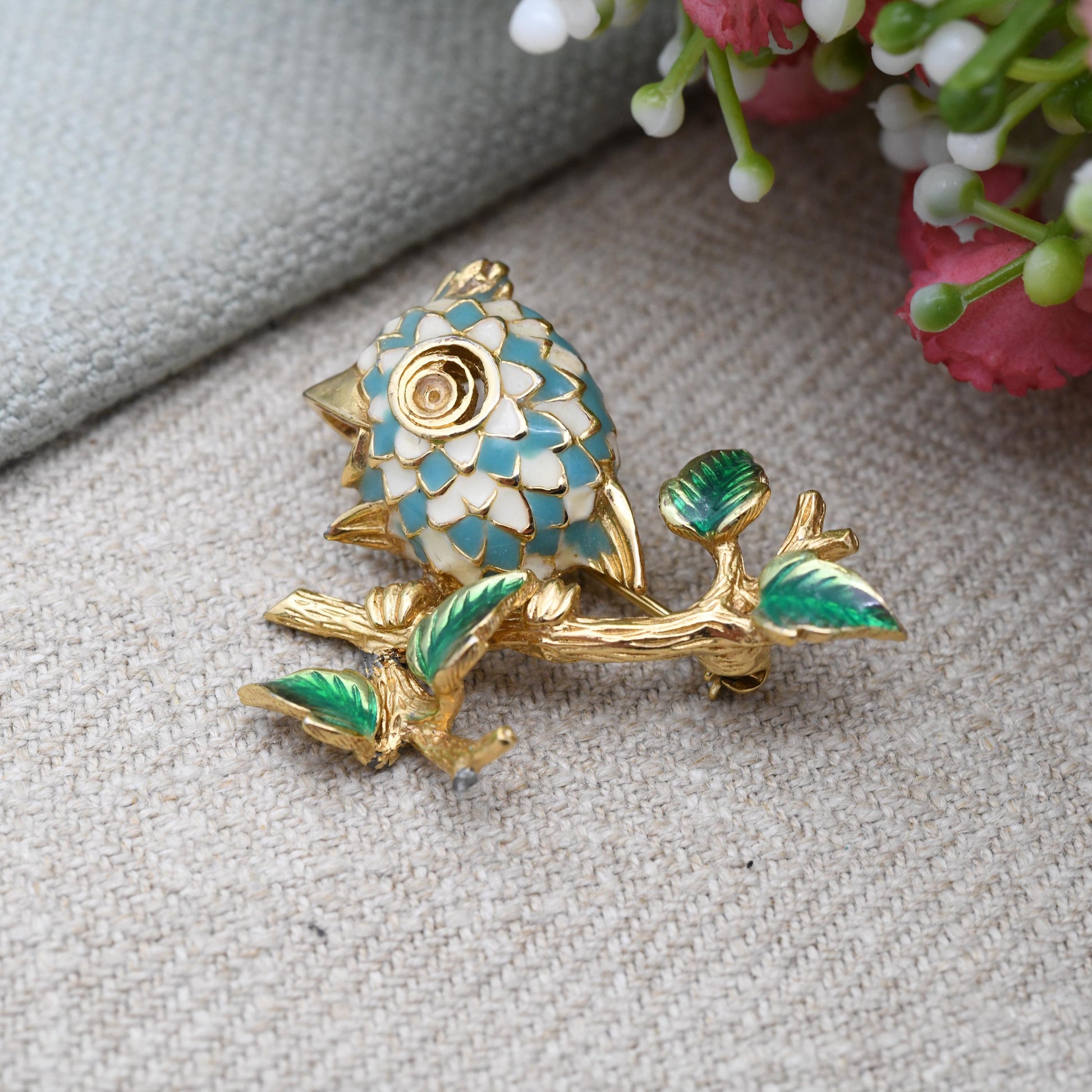 Vintage Ciner Enamel Songbird on a Branch Brooch c. 1980s - Colourful Singing Bird | Signed Designer Jewellery