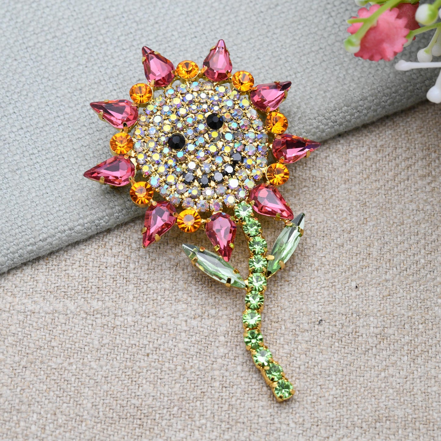 Butler & Wilson Happy Flower Brooch Gold Tone with Multicolour Austrian Crystals